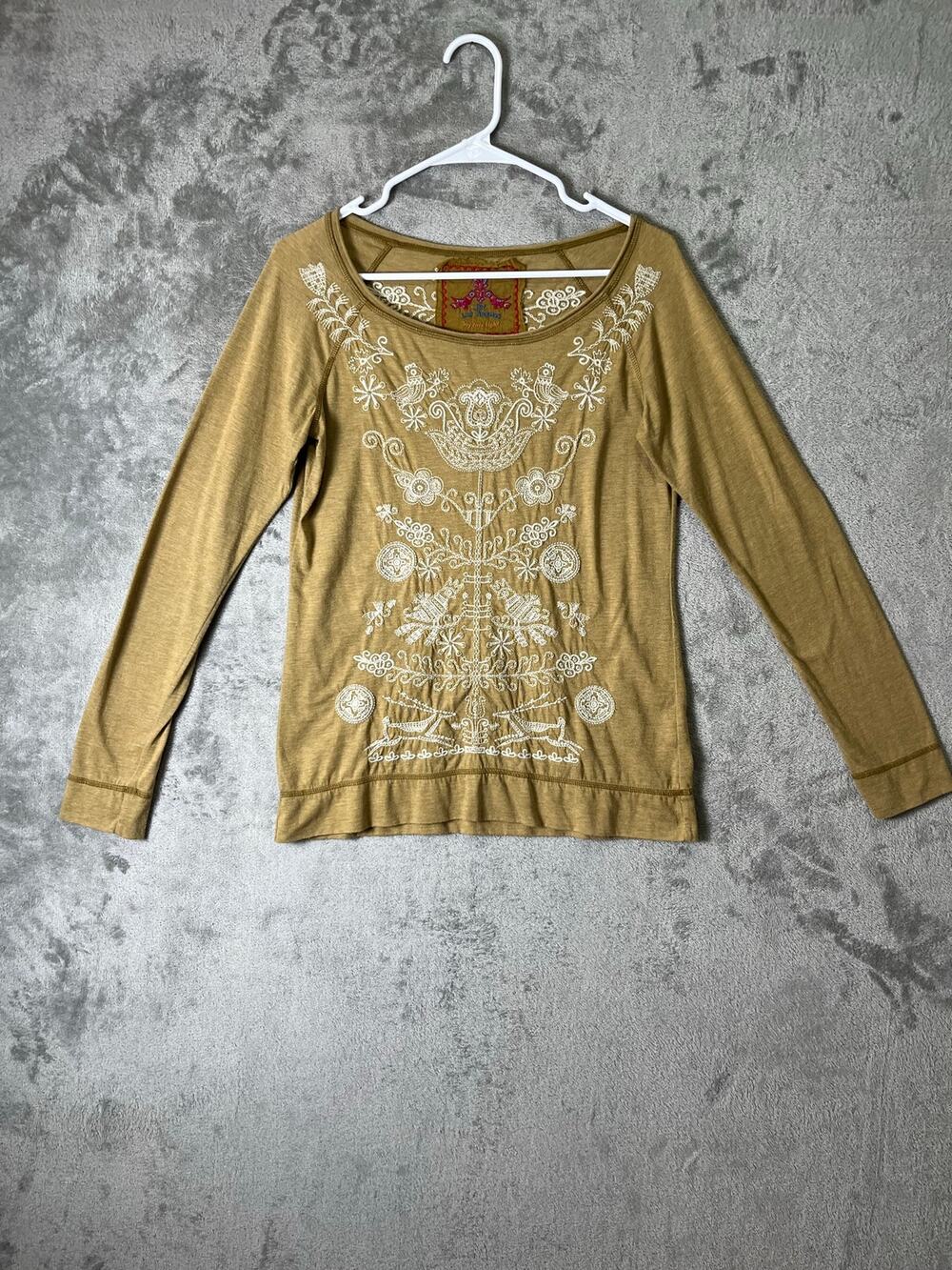 Johnny Was XS Embroidered Long Sleeve Top Boho Floral Scoop Neck Mustard Shirt